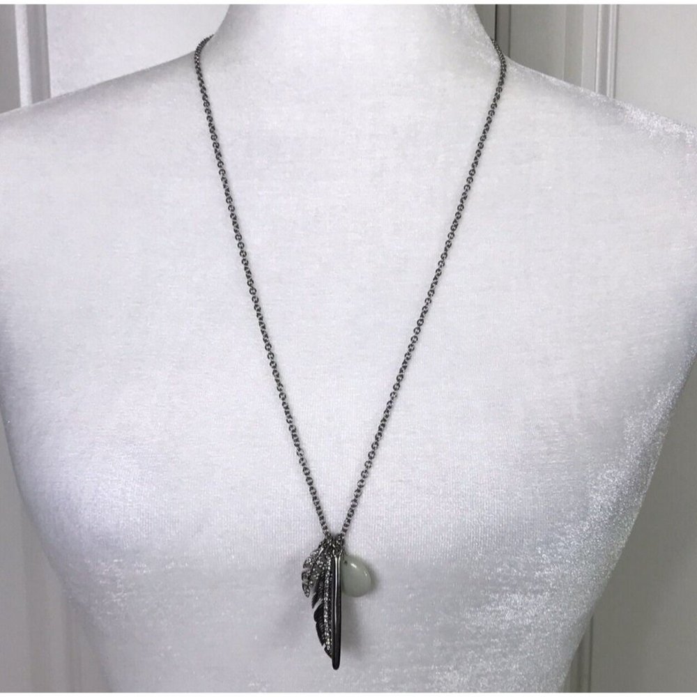 Banana Republic Silver Tone Long Feather Leaf Stone Rhinestone Layering Necklace